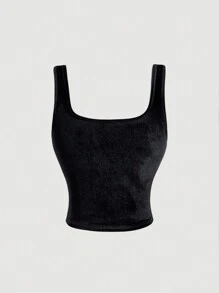 SHEIN MOD Women's Velvet Black Tank Top,Metal Button, For Casual Everyday Wear,Old Money Top,Goth,Going Out Tops Women,New Years Top,Party Tops Women,Casual Tops - Black - View 2