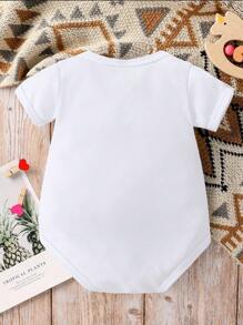 女婴休闲时尚创意可爱装饰蝴蝶结、仿箔、闪光字母标语印花连体衣、短袖连体衣 - 白色 - 查看 2