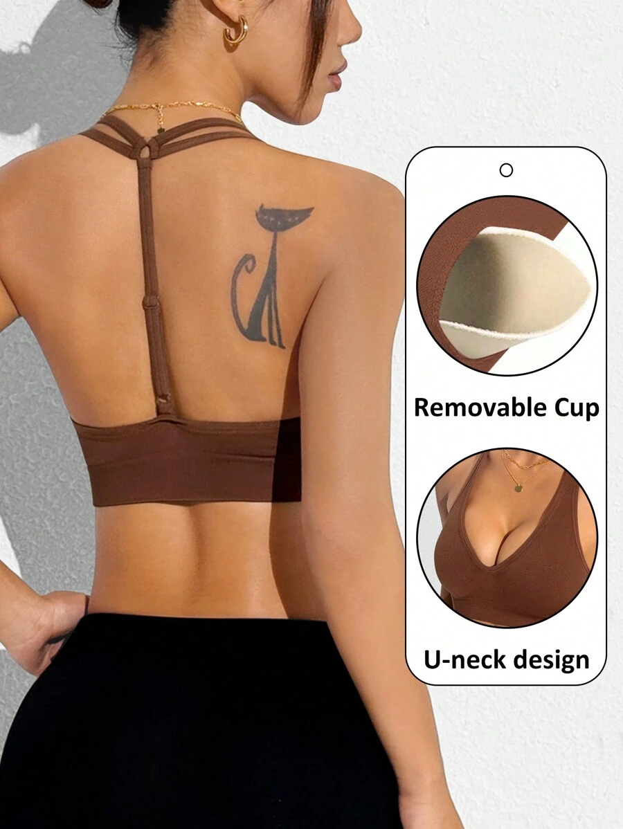 SHEIN Sports Women's Seamless Racerback Sports Bra - Brown - View 1