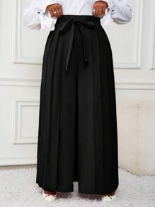 SHEIN Lady 春夏秋冬优雅香槟色编织褶皱长款大码裤子秋季女装冬季女装 - 黑色 - 查看 3