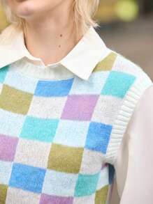 SHEIN Unity Women Colorful Plaid Mosaic Sweater Vest, Spring,Geometric Pattern - Multicolor - View 6
