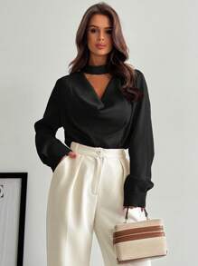 Firerie 女士时尚领口修身纯色缎面长袖衬衫，春夏优雅职业通勤装，情人节系列 - 黑色 - 查看 5