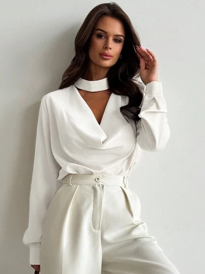 Firerie New Elegant Sophisticated Vintage Elegant Simple Commuter Apricot Shawl Collar Chic Shawl Collar Tight Worsted Ladies Long Sleeve Shirt, Spring/Summer Outfits, Valentine's Day