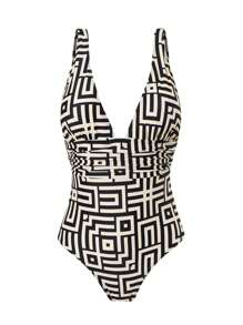 Swim Oasis Summer Elegant Simple Print Ruched Waist One-Piece Maxi Skirt For Women - Multicolor - View 5