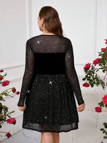 SHEIN Clasi 大码休闲网眼拼布圆领长袖短裙新年女装新年女装新年服装女装新年服装女装/女士新年礼服除夕服装新年派对礼服黑色连衣裙优雅闪亮生日服装女装情人节 - 黑色 - 查看 2