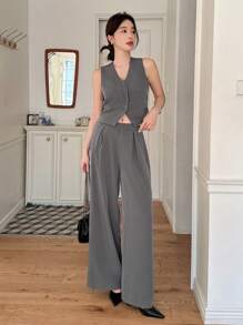 DAZY 2pcs Set Women Solid Color Vest And Wide Leg Pants Office Wear Work Women Clothes - Grey - View 4