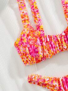 Swim Mod 2pcs Tropical Plant Print Reversible Low-Cut Ruched Wireless Sexy Women Bikini Set Summer - Multicolor - View 3
