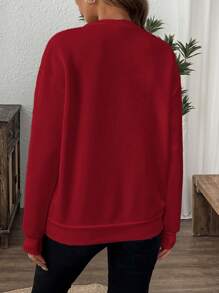 SHEIN LUNE 2024 春秋新款女士时尚宽松蝴蝶结设计简约套头衫白色运动衫 - 酒紅色 - 查看 2