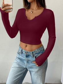INAWLY Women Casual Solid Color Notched Neck Crop T-Shirt, Autumn