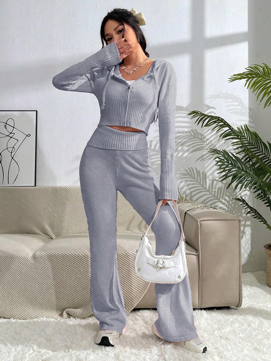 SHEIN Unity 2 件女式拉链连帽衫和裤子套装，简约设计 - 灰色 - 查看 1