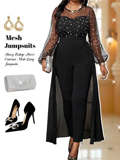 SHEIN Lady Spring And Summer Autumn And Winter Casual Elegant Black Knitted Round Neck Flowy Bishop Sleeve Contrast Mesh Long Long Sleeve Plus Size Jumpsuits Formal Dress Professional Clothes Christmas Women Clothes Jumpsuit High Waist Leggings