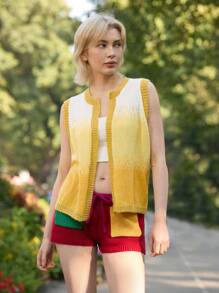 Skyraze Ombre Knit Cardigan Vest, Casual For Vacation,Gradient Pattern - Multicolor - View 4