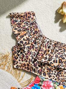 女士沙滩装，夏季海滩度假性感豹纹花卉拼布镂空荷叶边连体泳衣 - 彩色 - 查看 6