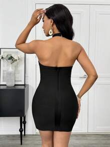 Zolique Black See-Through Mesh Splice Backless Halter Tight Mini Sexy Dress - Black - View 2