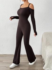 SHEIN Essnce 秋冬季美拉德女士修身打底连体裤单肩连体喇叭裤休闲运动装 - 棕色 - 查看 4