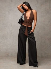 SHEIN BAE 女士酒红色纯色露背领褶皱飘逸上衣，适合休闲装、约会、夜间外出、新年派对、圣诞节、下午茶聚会、感恩节装扮、夏季上衣、可爱装扮 - 咖啡棕 - 查看 1