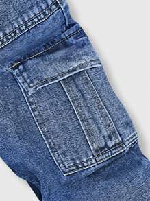 Older Boys Street Style Casual Basic Four-Season Utility Pants With Elastic Waist, Distressed Washed Comfortable Denim Jeans, Essential Item For 2025 - Medium Wash - View 5