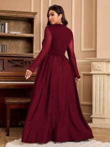 SHEIN EZwear Plus Size Women Wine Red Vintage Mesh Panel Flared Dress
