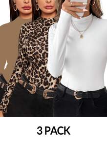 SHEIN Clasi 3 件套大码紧身高领 T 恤，白色，豹纹，黑色，秋冬