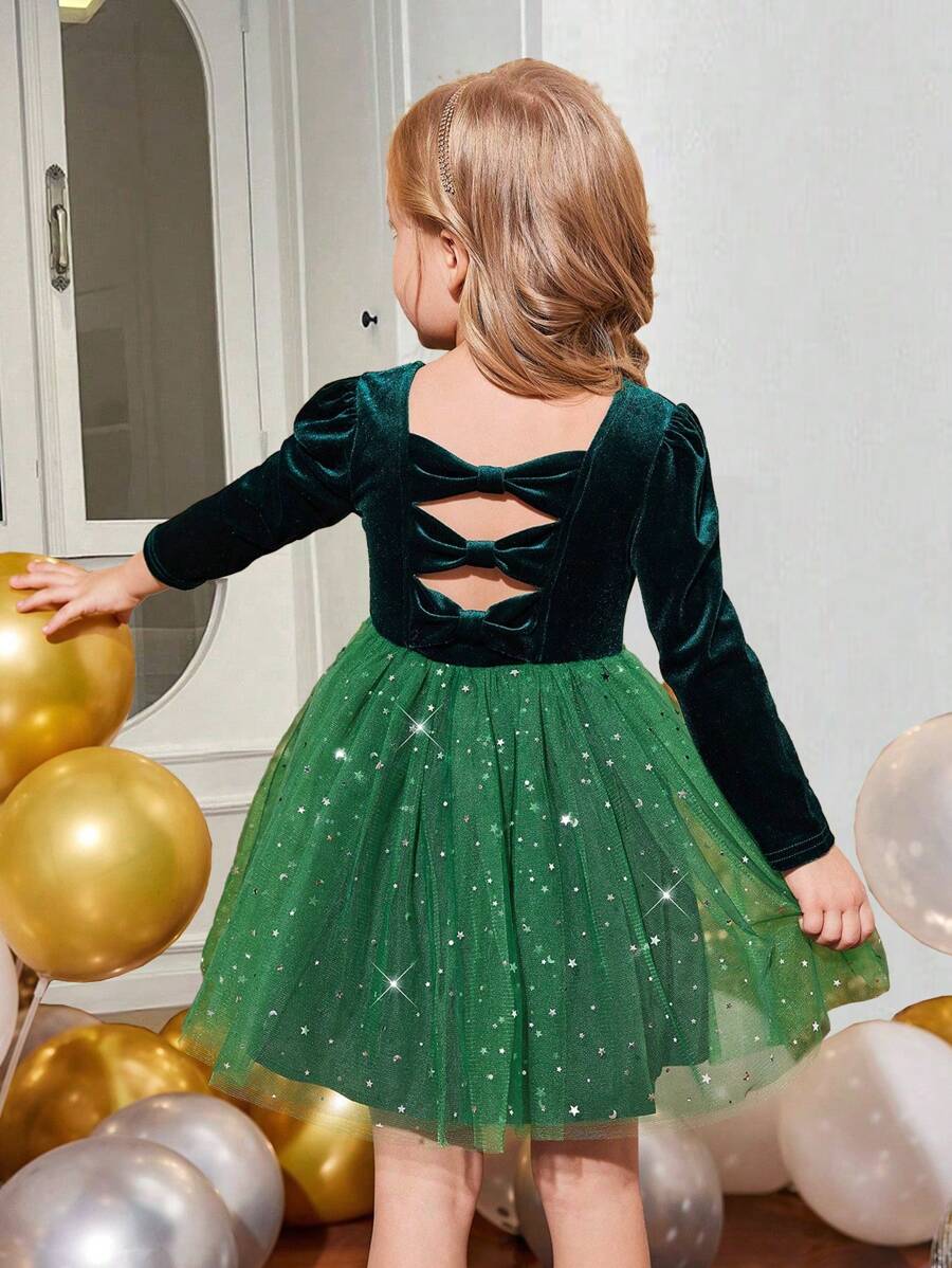 SHEIN Abito a maglia da ragazza con collo rotondo, schiena traforata e colore unito - Verde - Visualizzare 1