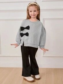 Cozy Pixies Young Girl 3D Bowknot Crew Neck Small Drop Shoulder Sweatshirt - Grey - View 5