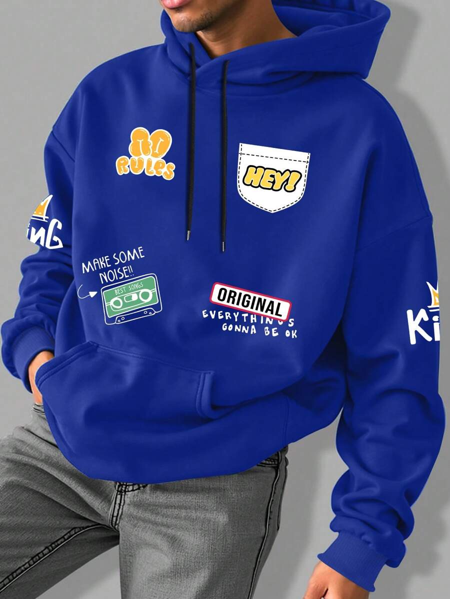 Manfinity Hypemode Men's Casual Letter Print Drawstring Hoodie Sweatshirt, Autumn/Winter - Blue - View 1