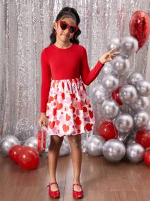 SHEIN Leap Crew Tween Girls' Heart Pattern Lantern Hem Long Sleeve Valentine's Day Dress - Red - View 4