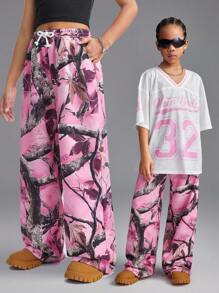 Coolane Kids Pantalón de chándal de pierna recta con estampado para niñas preadolescentes de primavera/verano, pantalón de chándal ancho de uso diario casual estilo Y2K