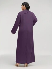 Al Najma 女士纯色高领长袖口袋宽松长款休闲阿拉伯连衣裙，休闲风格，适合日常休闲/旅游/度假/休假/家居服，超长阿拉伯连衣裙 - 紫色 - 查看 2