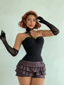 Aloruh Pantalones cortos casuales de mujer de cintura elástica con volantes a capas de un solo color - Burdeos - Ver 1
