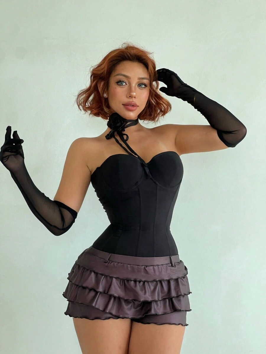 Aloruh Pantalones cortos casuales de mujer de cintura elástica con volantes a capas de un solo color - Burdeos - Ver 1