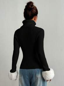 SHEIN Unity Tight Casual High Collar Colorblock Fluffy Sleeve Hem Sweater Knit Pullover Fall Winter Sweater - Multicolor - View 2