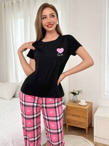 Heart Plaid Print Short Sleeve Pajama Set With Long Pants  Cozy And Elegant Details - Multicolor - View 3
