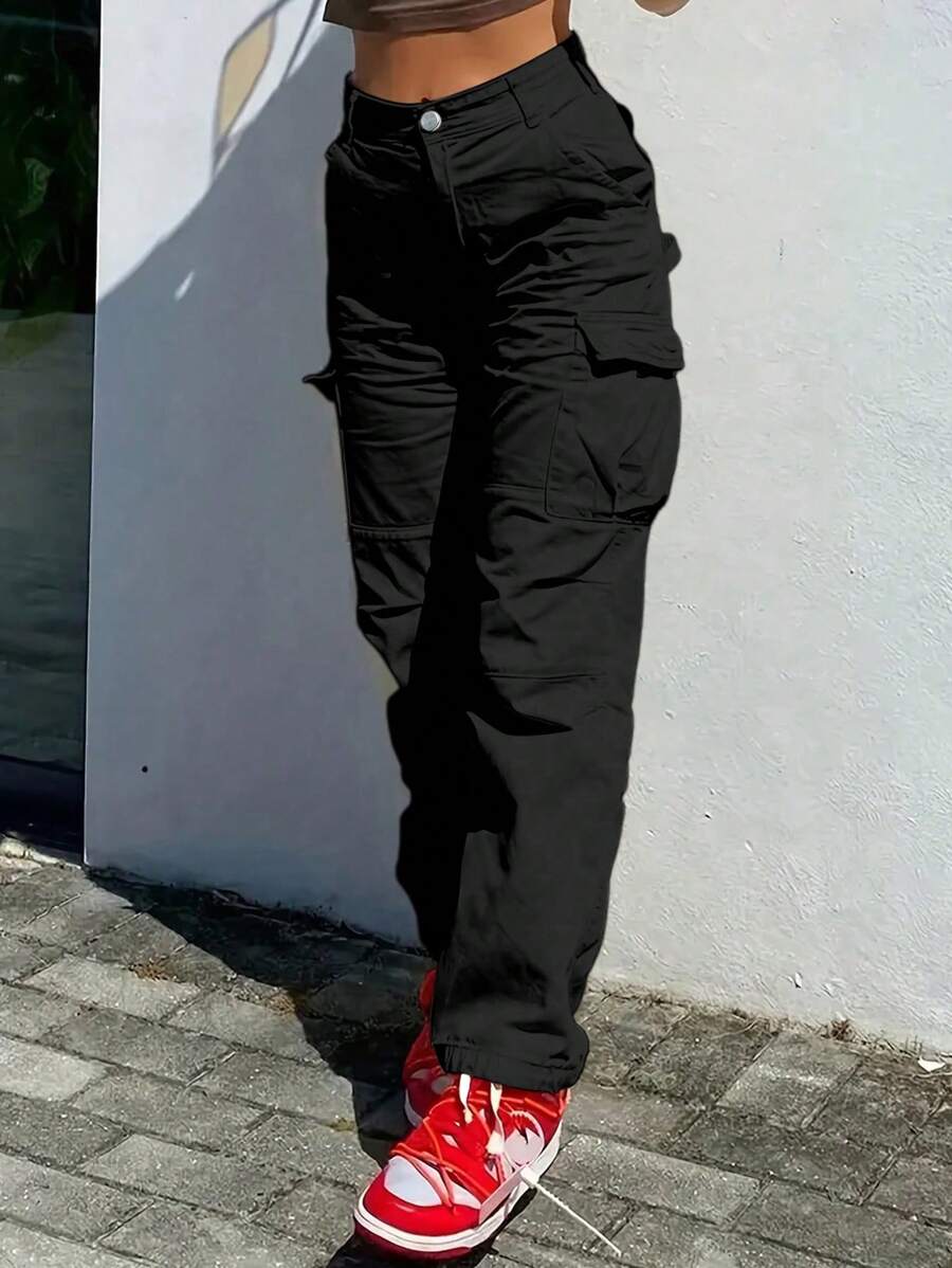 Women Y2K Style Multi-Pocket Loose Straight Leg Denim Cargo Pants - Black - View 1