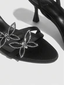 CUCCOO SZL Women's Rhinestone Mesh Butterfly Embellished Strap Round Toe Mid Heel Sandals, Sexy & Sweet, Suitable For Dating, Party, Night Club, Holiday, Black Spring Shoes Spring Break Easter Prom Heels - Black - View 9