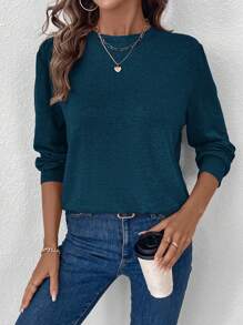 SHEIN LUNE 女式基本款圆领拉绒羊绒长袖 T 恤，舒适休闲秋冬装 - 藏蓝色 - 查看 1