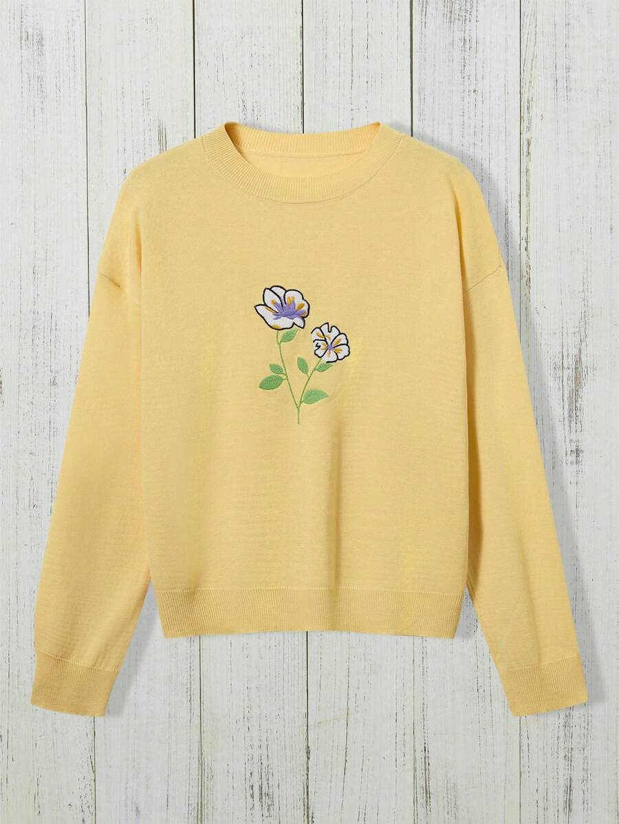 Rusticease Women Floral Print Long Sleeve Crew Neck Sweater Spring Clothes