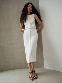 MOTF PREMIUM 双口袋开衩下摆连衣裙 - 白色 - 查看 4