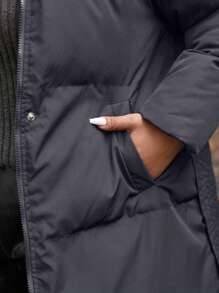 Calvaya Plus Size Front Zipper Long Sleeve Furry Patchwork Casual Hooded Coat, Winter Coat