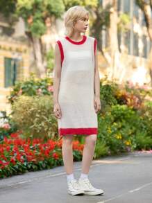 Skyraze Women's Contrast Trim Sleeveless Knit Dress, Ivory, Spring,Valentine's Day,Valentines Sweater - White - View 5