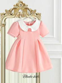 SHEIN Young Girl Collegiate Style Collar Solid Color Sweet & Charming Puff Sleeve Bow Neckline A-Line Dress, High-Quality Fabric, Comfortable Waist Ruched Design, Elegant & Simple, Cute For Party - Pink - View 2