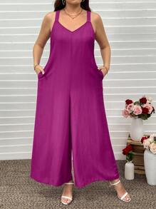 SHEIN LUNE Plus Size Women's Solid Color Wide Strap Loose Casual Jumpsuit Valentine Summer Outfits For Women Summer Spring Clothes Spring Outfits For Women Summer Summer Boho Old Money