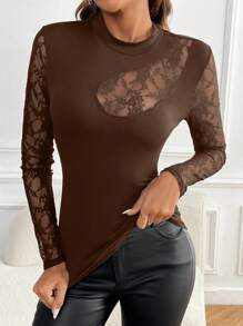 SHEIN Clasi Parte superior de punto ajustada con escote asimétrico, parcialmente transparente, con aplicaciones de encaje elegantes y sexys para mujer