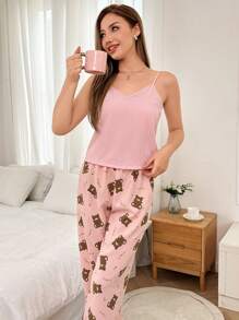 Dream Adore 2pcs Solid Color Cami & Cute Bear Print Pants Bubble Chiffon Pajamas Set - Pink - View 4
