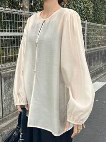 FRIFUL 女士休闲透明衬衫，简约时尚，适合日常穿着的长袖上衣 - 杏色 - 查看 7