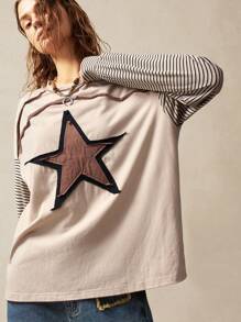 Bohemela 女士休闲针织拼布圆领长袖宽松 T 恤 - 咖啡棕 - 查看 3