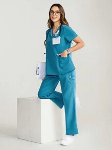 TaskEZ 2pcs Set Solid Color V-Neck Short Sleeve Top And Long Pants, Nursing Scrub Uniform - Teal Blue - View 5