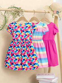 SHEIN Set de 3 vestidos informales para bebé niña con estampado de corazones y rayas de colores, con gorro a juego - Multicolor - Ver 2