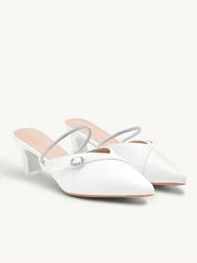 CUCCOO CHICEST White Elegant Pointed Toe Rhinestone Chain Women's High Heel Mules, Slip-On Stiletto Backless Pumps Spring Shoes Spring Break Easter Prom Heels - White - View 6