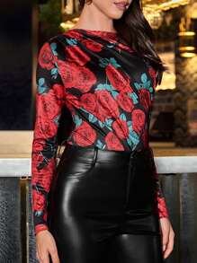 SHEIN Clasi Floral All-Over Print Asymmetrical Neck Long Sleeve Casual Top - Multicolor - View 4